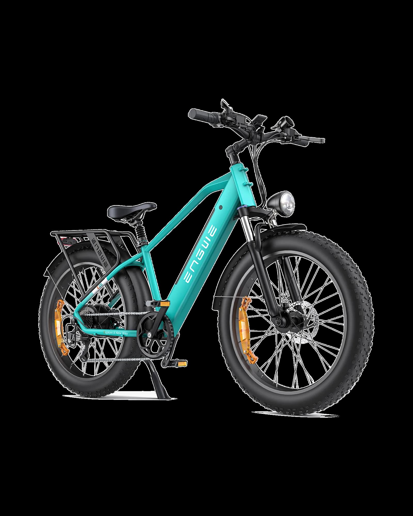 E26 fat-tyre electric bike in green, front three-quarter view
