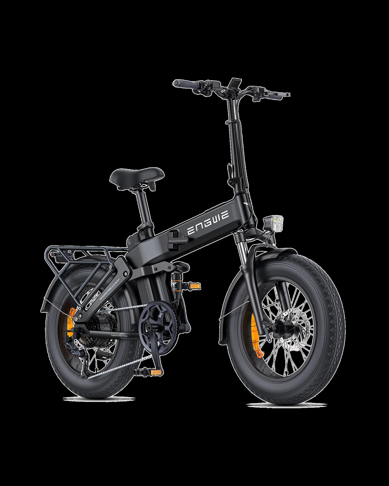 Engine Pro 3.0 Boost full-suspension folding electric bike in black, front three-quarter view