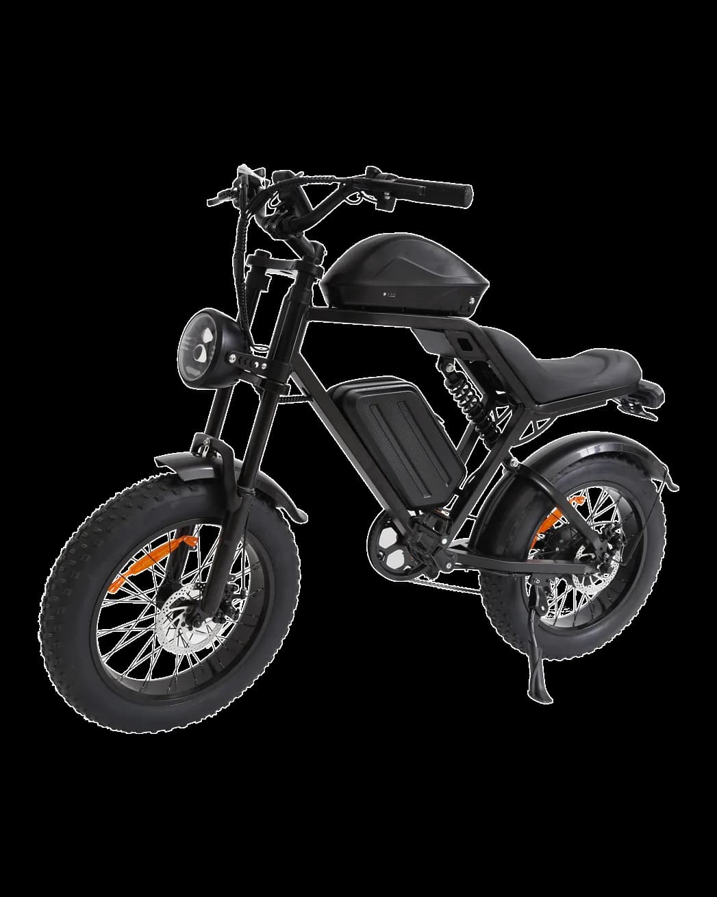 FXH-002 motorcycle-styled fat-tyre electric bike in black, front three-quarter view