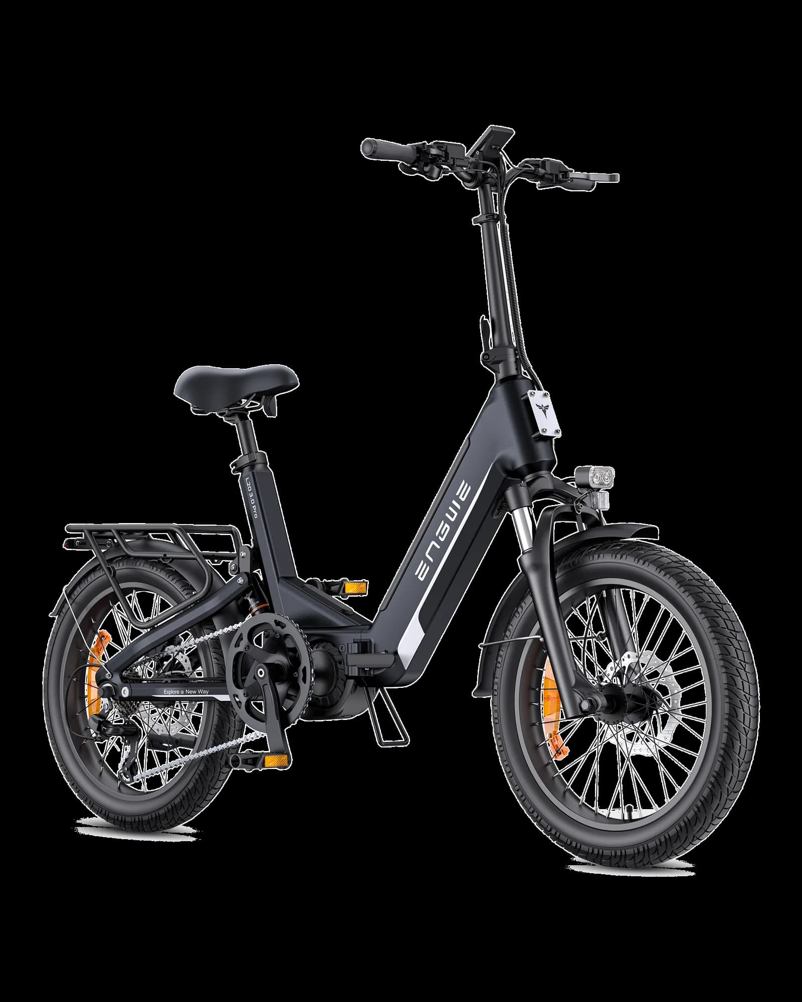L20 3.0 Pro compact step-through electric bike in black, front three-quarter view