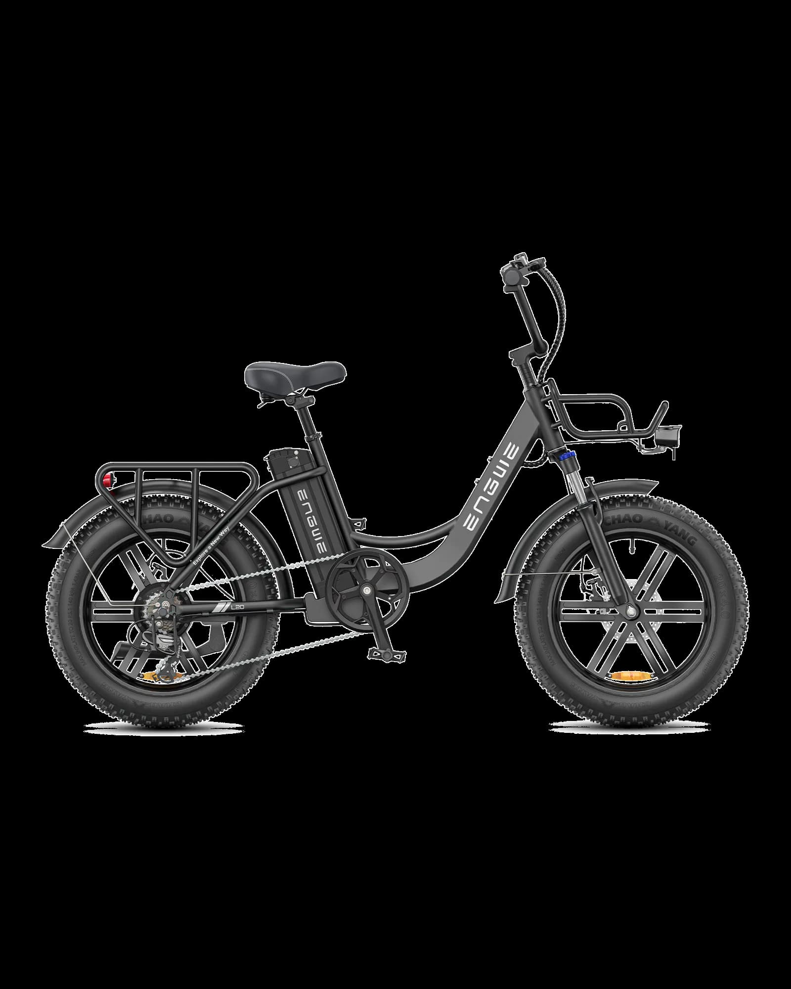 L20 Boost step-through electric bike in black, front three-quarter view