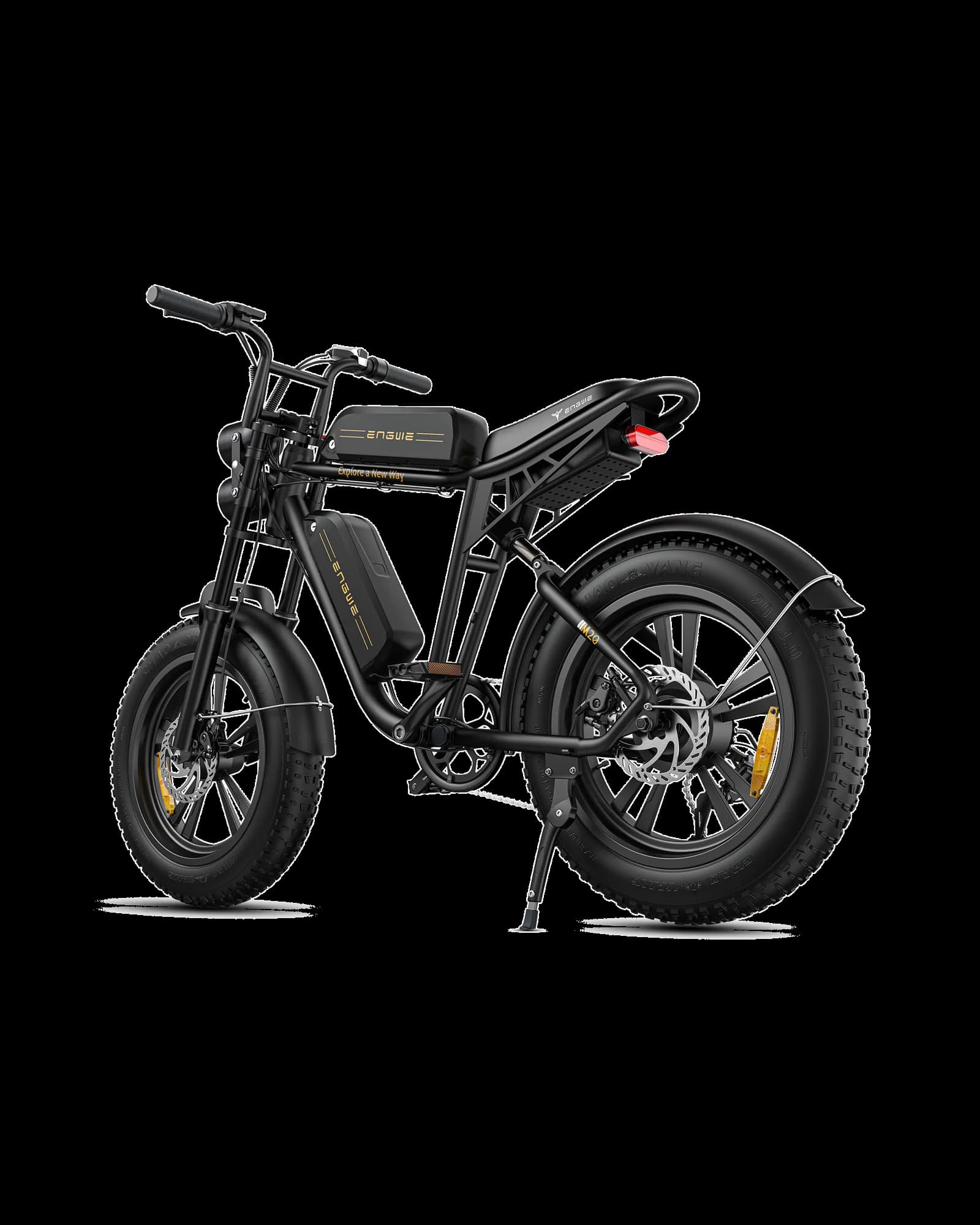 M20 motorcycle-styled electric bike in black, front three-quarter view