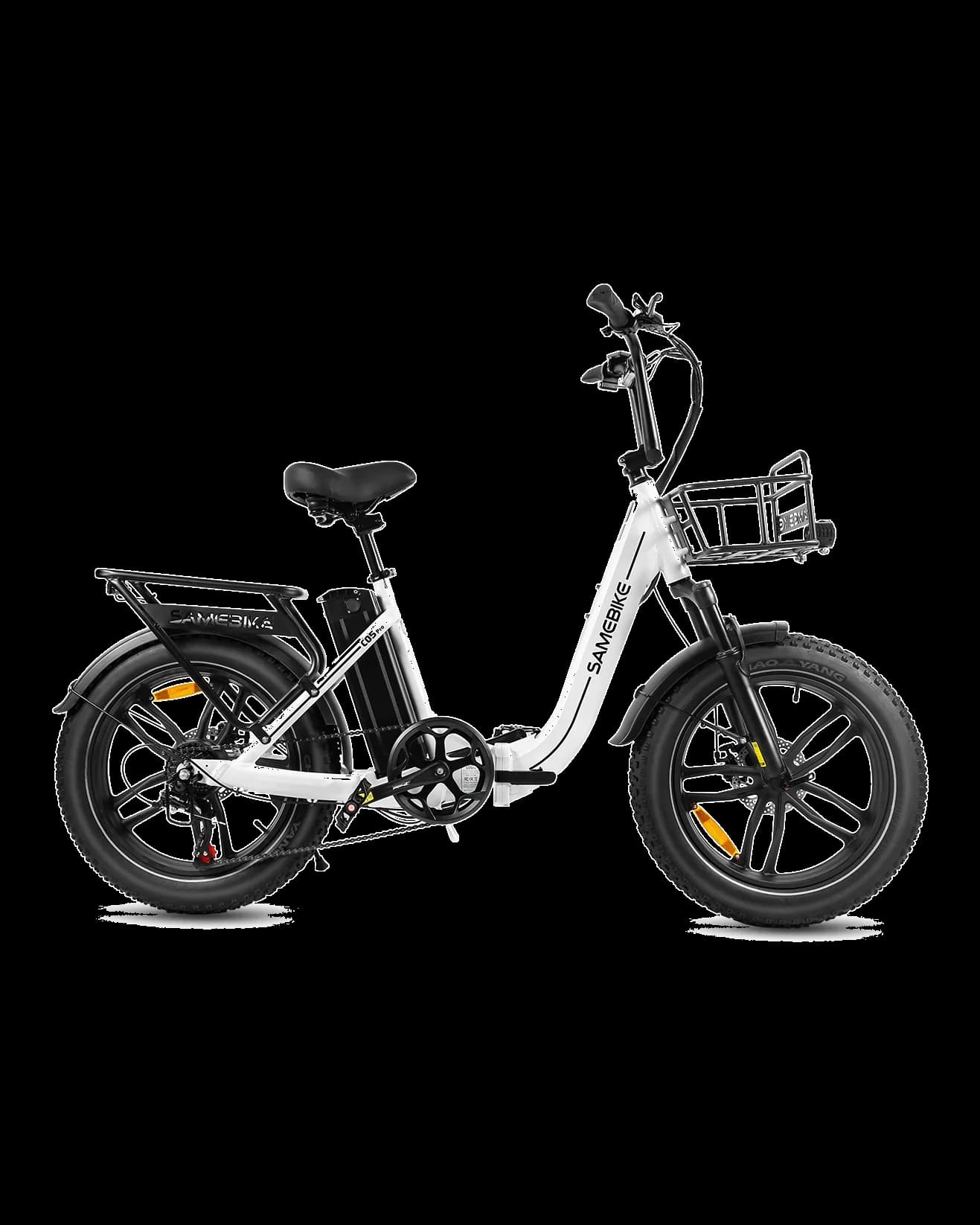C05 Pro folding 4-inch fat-tyre with a lock-out fork in white, side view