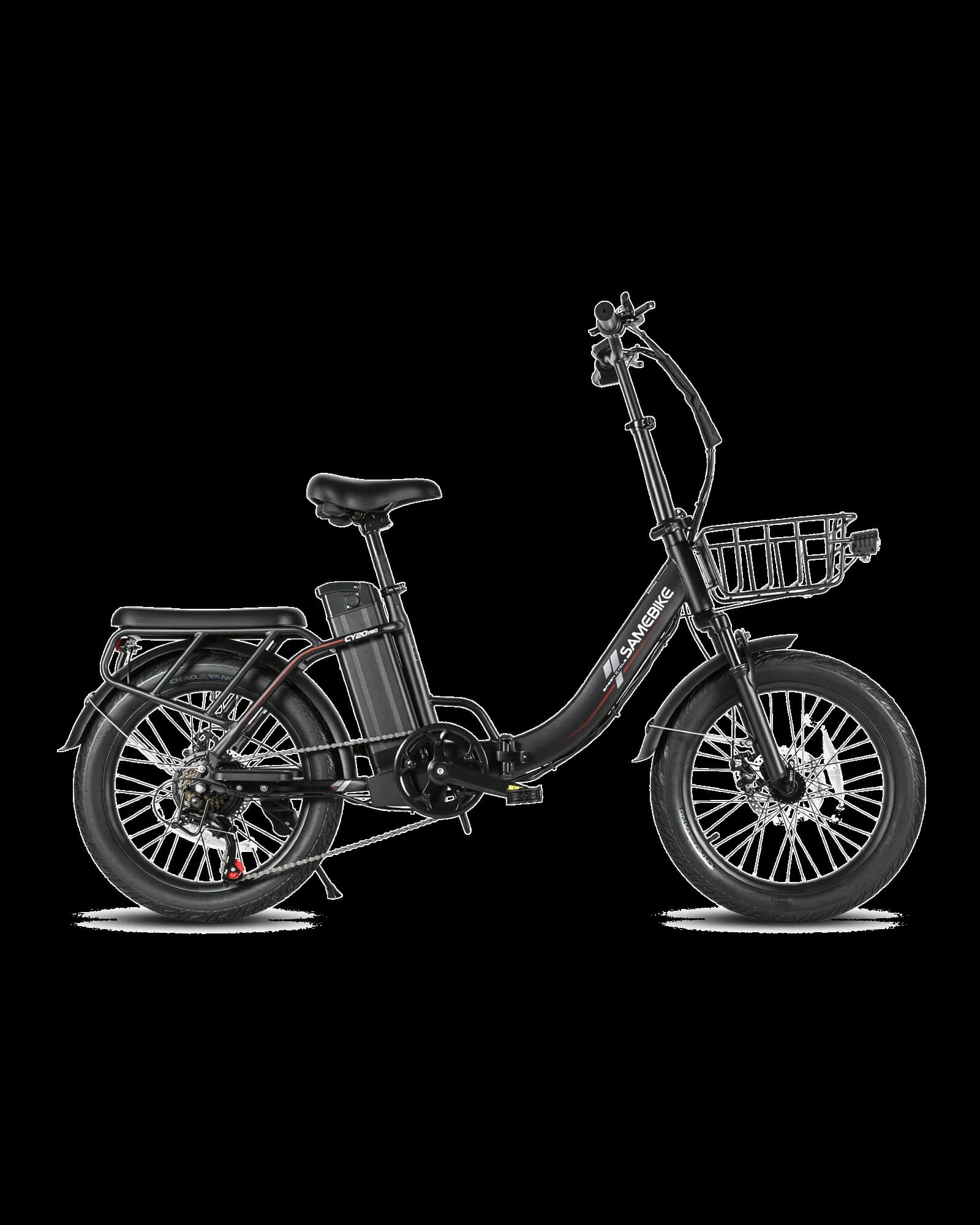 CY20 Pro folding electric bike in black, side view — the CY20 shares this frame, basket and rack