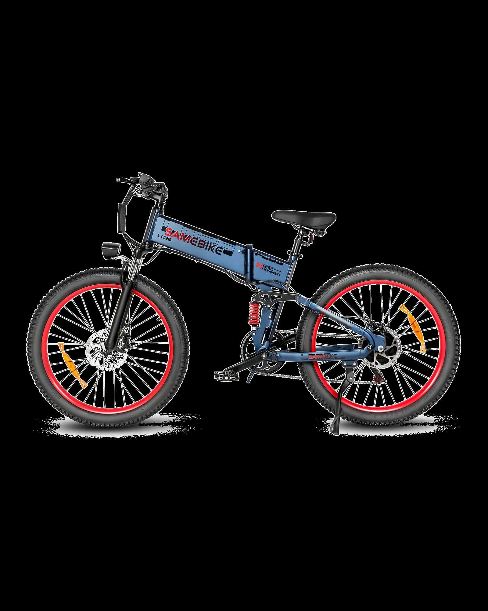 LO26 PLUS 1000W full-suspension fat-tyre 26-inch e-bike in blue, side view