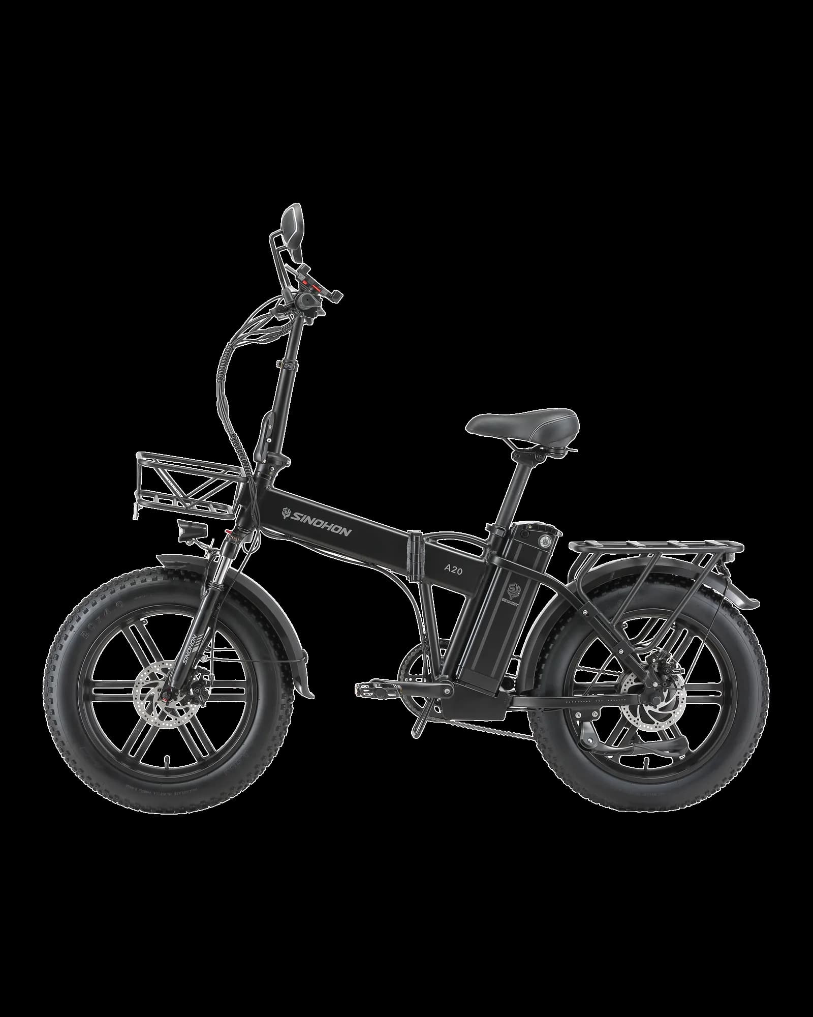 A20 folding fat-tyre electric bike in black, side view